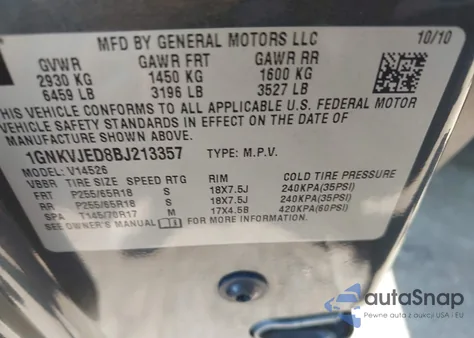 2011 Chevrolet Traverse Lt z USA, uszkodzony, nr VIN 1GNKVJED8BJ213357